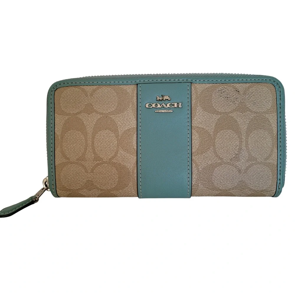 Coach Signature Accordion Zip Wallet Khaki Teal Monogram Canvas Long Wallet